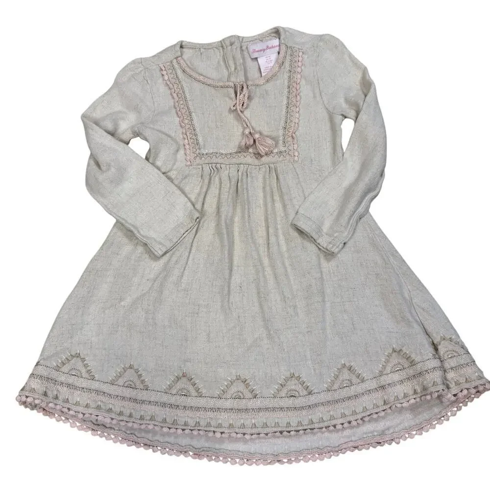 Tommy Bahama Toddler Boho Linen Blend Dress Tassel Neck Embroidered Hem Size 3T